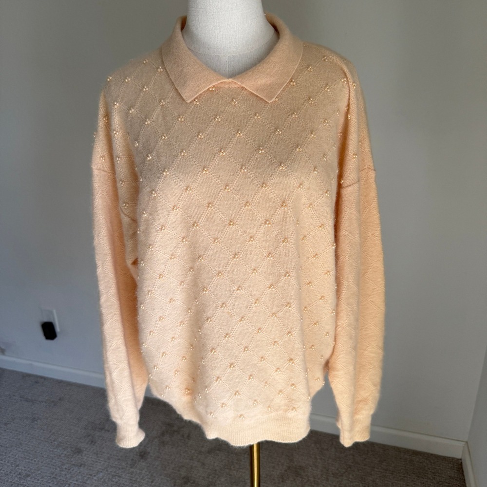Vintage Pearl Embellished Collared‎ Sweater Peach Angora Blend Medium Polo